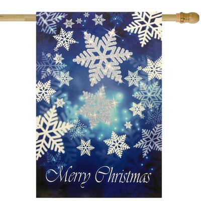 Merry Christmas and Snowflakes Blue and White House Flag 28" x 40" - 28" x 40"