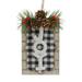 White and Black Plaid Wooden Joy Door Sign with Needles and Pine Cones Christmas Ornament 4.75"
