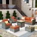 HOOOWOOO 8 Pieces Outdoor Patio Furniture Set with Swivel Rocking Chairs and Square Fire Pit All Weather PE Rattan Wicker Patio Sectional Sofa Conversation Set for Garden Orange