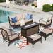 Summit Living 7-Seat Patio Conversation Set with 3-Seat Sofa Two Rocking Chairs Two Ottomans & 50000 BTU Fire Pit Table Black Steel Frame & Beige Cushions