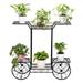 IVV Flower Cart Metal Plant Stand with 4 Decorative Wheels Garden Cart Iron Flower Display Rack w/ 6 Pots Multi Flower Planter Potted Holder Organizer for Indoor Outdoor Balcony Patio Garden