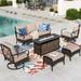 Summit Living 7-Seat Patio Conversation Set with 3-Seat Sofa Two Swivel Chairs Two Ottomans & 50000 BTU Fire Pit Table Black Steel Frame & Beige Cushions