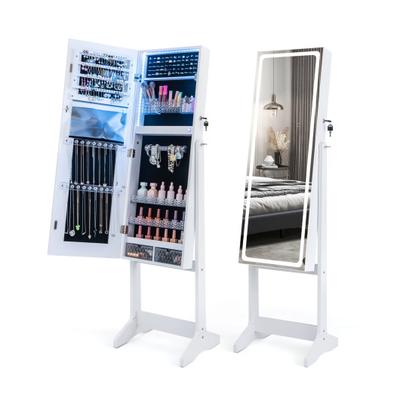 Costway Lockable Jewelry Armoire Standing Cabinet with Lighted Full-Length Mirror-White