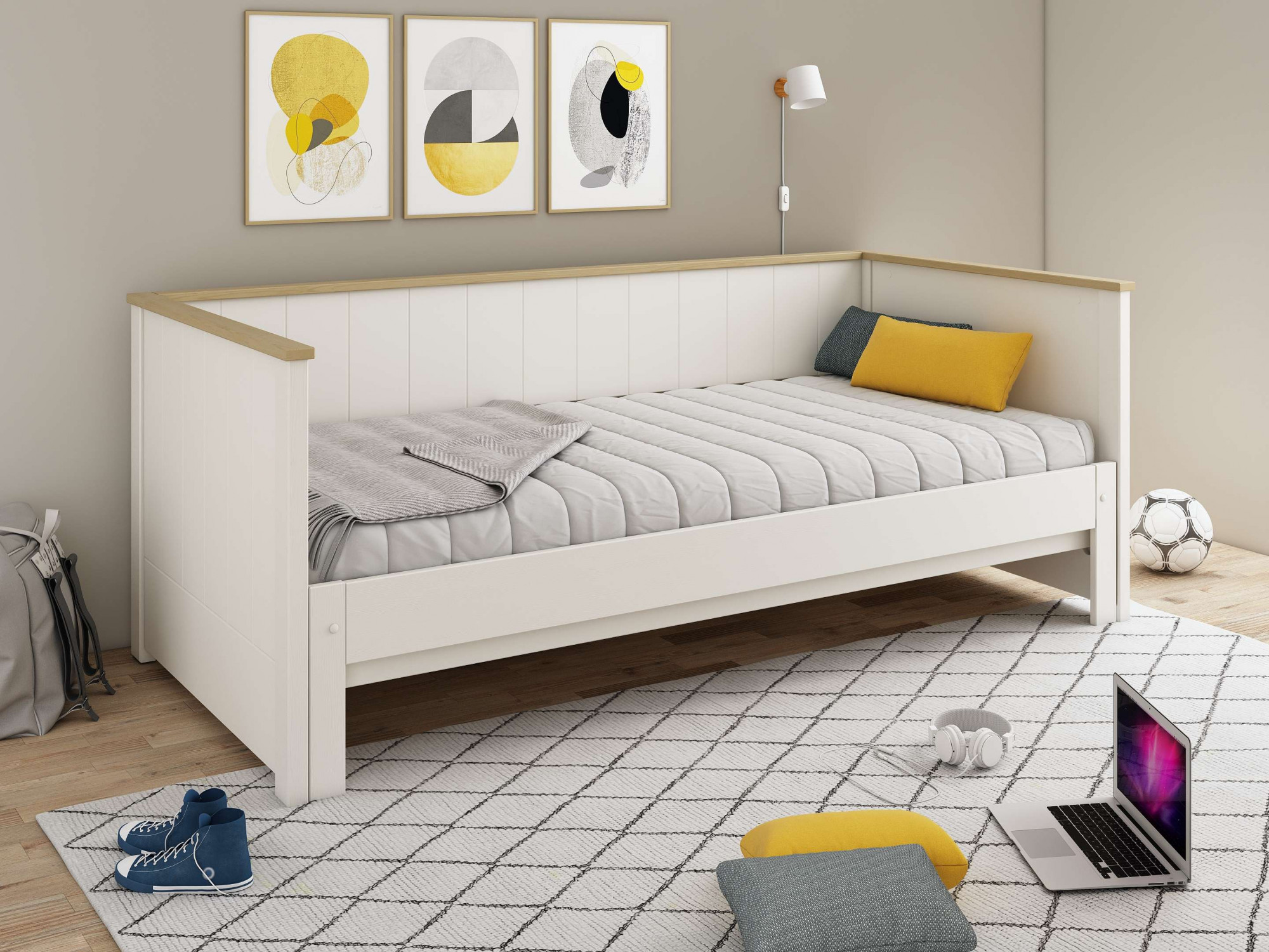 Daybett OTTO HOME ""REIGNY ", Kinderbett, Gästebett, zwei Schlafplätze", weiß (weiß, weiß), B:100cm H:77cm L:209cm, Daybetten, Massivholz, Lammellen - Design, Landhausstil, Schublade optional