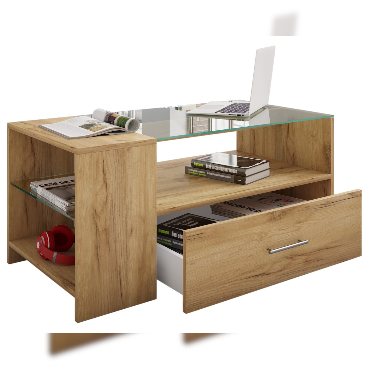 VCM Tindala Couchtisch mit Glasplatte, 1 Schublade, 3 Regale Honig-Eiche dekor. Image