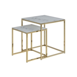 Almaz Einschubtische 2 stk. aus Glas mit weissen Marmor print und goldenen Chrom Beinen. Image