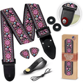 Art Tribute Guitar Strap for Acoustic Guitar Electric Guitar and Bass Guitar Adjustable Pink Woven Guitar Strap W/ Free Bonus 2 Picks + Strap Locks + Strap Button.