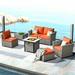 HOOOWOOO 7 Pieces Patio Outdoor Furniture Set All-Weather Conversation Wicker Set Sectional Sofa with Fire Pit and Coffee Table Orange