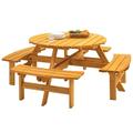 8 Person Wooden Picnic Table With Benches Outdoor Round Dining Table With Umbrella Hold For Patio Backyard Garden Porch 2220lb Capacity