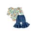 Infant Baby Girl Clothes Floral Ruffle Collar Long Sleeve Off Shoulder Romper Jumpsuit Denim Flare Pants 2Pcs Casual Set