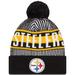 Men's New Era Black Pittsburgh Steelers Striped Cuffed Knit Hat with Pom