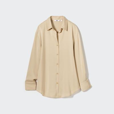 Uniqlo - Satin Long Sleeved Blouse - Beige - L