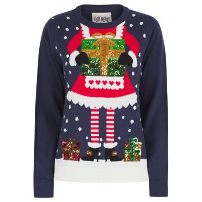 Jumpers Women’s Mrs Kringle Motif Novelty Sequinned Christmas Jumper in Eclipse Navy - Merry Christmas / 10/S - Tokyo Laundry