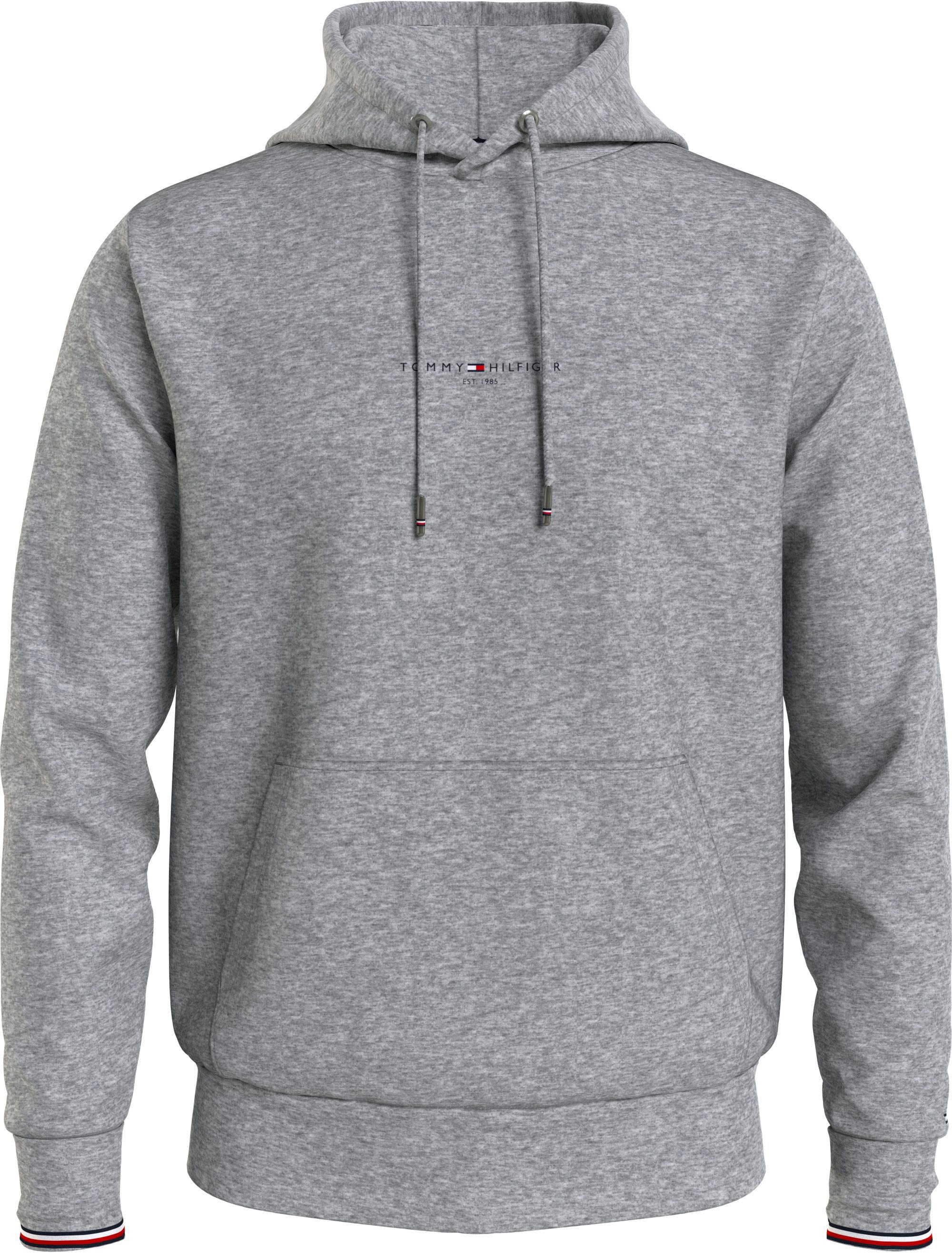 Hoodie TOMMY HILFIGER "TOMMY LOGO TIPPED HOODY", Herren, Gr. L, grau (light grau heather), Sweatware, Obermaterial: 63% Baumwolle, 37% Polyester, kontrastfarbene Details, unifarben, regular fit hüftlang, Rippstrickbündchen kontrastfarben,...