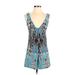 Free People Casual Dress - Mini Plunge Sleeveless: Blue Paisley Dresses - Women's Size 0 - Print Wash