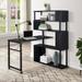 Home Office L-Shaped Rotating Computer Table with 5-Tier Bookshelf and Lockable Casters