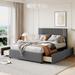 Classic Storage Platform Bed with 4 Drawers, Linen Fabric Bed Frame Upholstered Vertical Striped Tufted Design Headboard