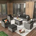 HOOOWOOO Wicker Sectional Patio Set 10 Pieces Outdoor Conversation furniture Set with Sofa Chairs Ottoman Gas Fire Pit Swivel Rocking Chairs Black