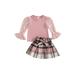 Bmnmsl Baby Girl 2Pcs Fall Outfits Crew Neck Mesh Flare Long Sleeve Tops Elastic Waist Plaid Skirts with Belt Set