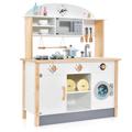 Maxmass Kids Play Kitchen, Wooden Children Pretend Cooking Playset with 17 PCS Accessories, Swing Rack, Cute Clock, Washing Machine, Double Stoves, Realistic Sounds, Toddler Toy Kitchen for Boys Girls