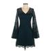 White House Black Market Cocktail Dress - Party V-Neck Long sleeves: Teal Solid Dresses - Women's Size 00