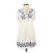 Solitaire Swim Casual Dress - Mini Tie Neck Short sleeves: White Floral Dresses - Women's Size Small