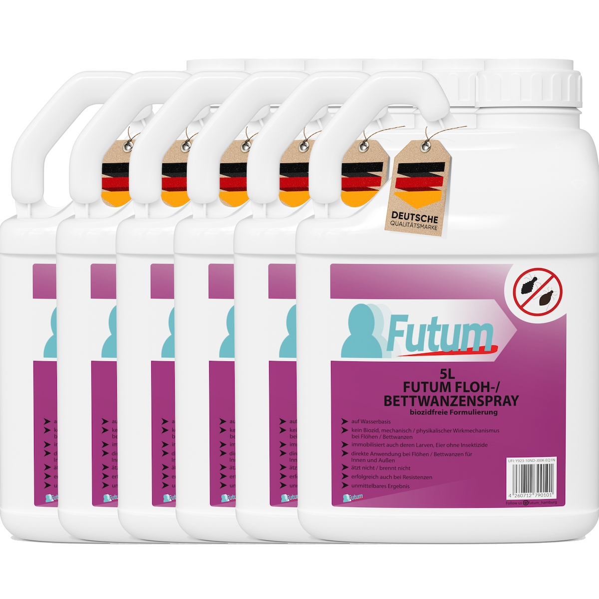 FUTUM 6x5L Bettwanzenspray / Flohspray bekämpft Insekten, Eier, Larven, Insektenspray ohne Biozide auf Wasserbasis, Sofortwirkung ohne Flecken Image