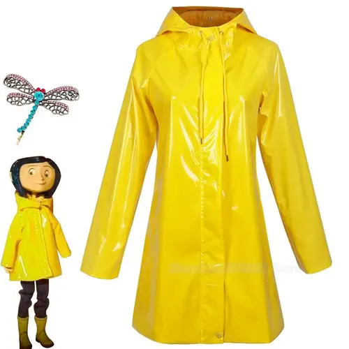 Horror Märchen Filme Coraline Cosplay Kostüm Perücke gelben Mantel geheime Tür Erwachsenen Kind