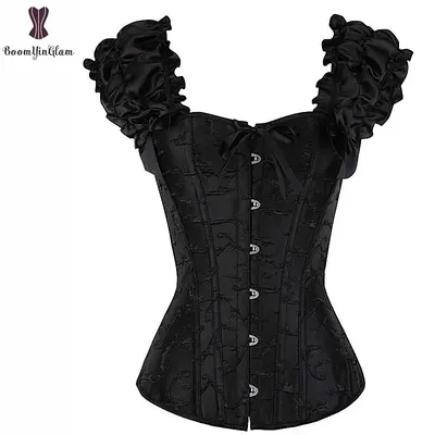Korsett-Oberteil, doppelter Rüschen, Schultergurt, Jacquard, einfarbig, Schwarz, Weiß, Korset, Image