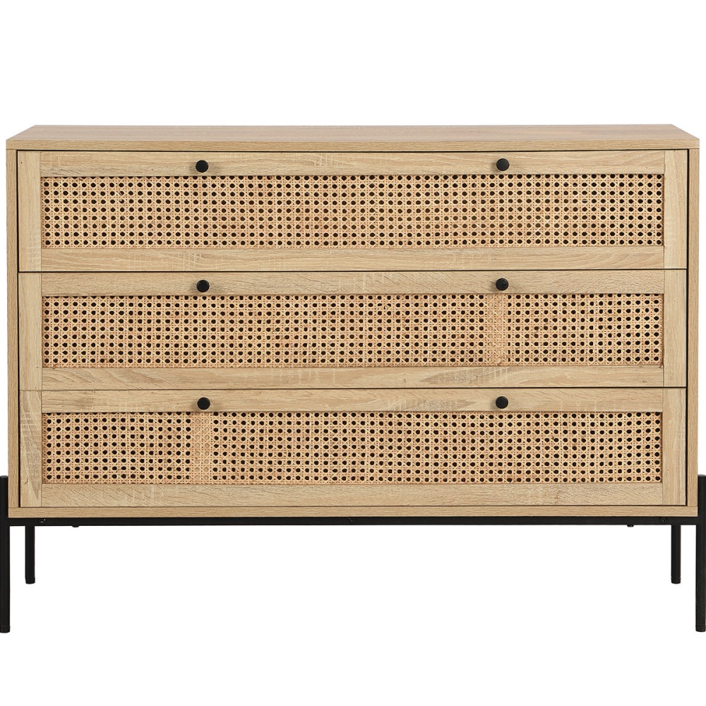 Commode 3 tiroirs en cannage naturel et effet chêne 105 cm