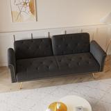 Black Velvet Nail Head Double Futon Sofa Bed with Throw Pillows and Gold Metal Legs