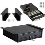 Electronic Cash Register Drawer With Under Counter Mounting Metal Bracket - POS 4 Bill 5 Coin Cash Tray Removable Coin Compartment 24V RJ11/RJ12 Key-Lock Media Slot Black