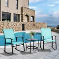 Futzca 3 Piece Rocking Bistro Set Outdoor Furniture with Rocker Chairs and Galss Coffee Table Set - N/A Blue