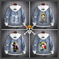 One Piece Luffy Denim Hoodie for Men Retro Patchwork Long Sleeve Anime Hooded Jacket Anime