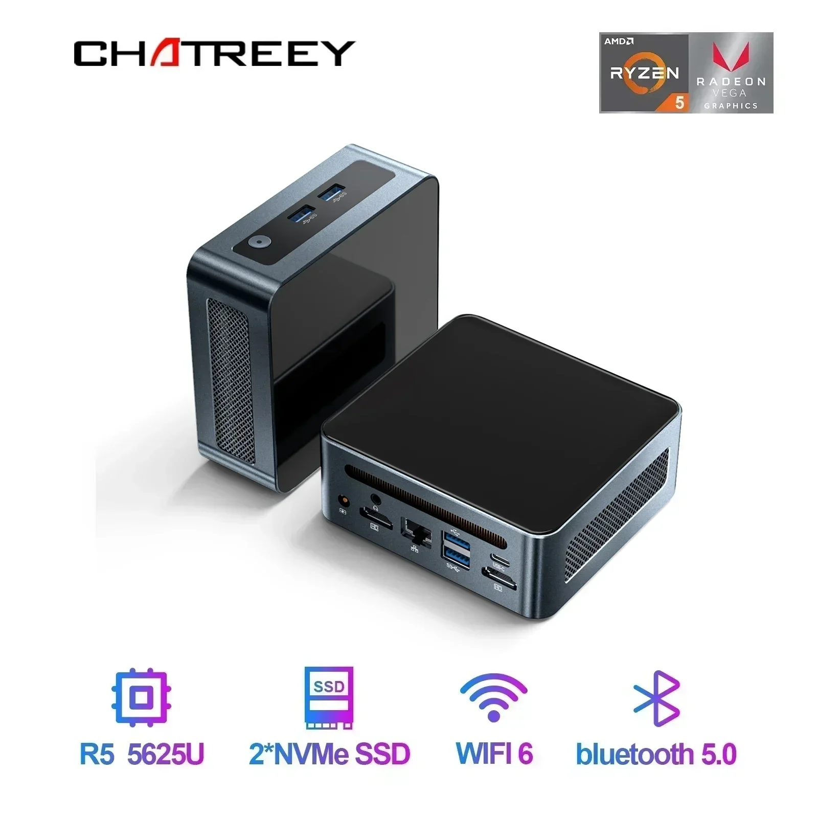 Chatreey AN2P Mini PC R5 5625U/AN2C 3550H ordinateur de bureau de jeu NVME SSD WIFI6 HD Windows 11 Pro
