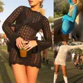 Women Crochet Hollow Out Dress Long Sleeve Backless Short Dress Woman Summer Beach Casual Bikini