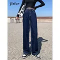 Jielur-Jean Délavé Bleu Foncé pour Femme Pantalon Droit Solide Slim Mode Simple Jambes Larges