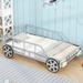 Metal Twin Size Car Bed with 4 Wheels, Twin Platform Bed with Guardrails and Headlights Decoration, Fun Kids Twin Bed Frames