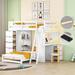 Twin over Twin Bunk Bed with Storage Cabinet and Built-in Desk, Kids Bunk Bed Frame with LED Light and USB Port, White