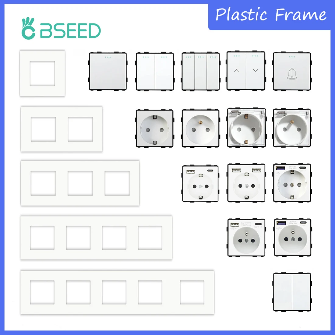Bseed matte kunststoff rahmen eu/französisch steckdose stecker typ-c usb steckdosen mechanische knopfsc halter funktion teile nur Image