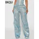 Bkqu amerikanische gerade Taschen hohe Taille Jeans Frauen Cargo hose Mode Silber glänzenden Druck