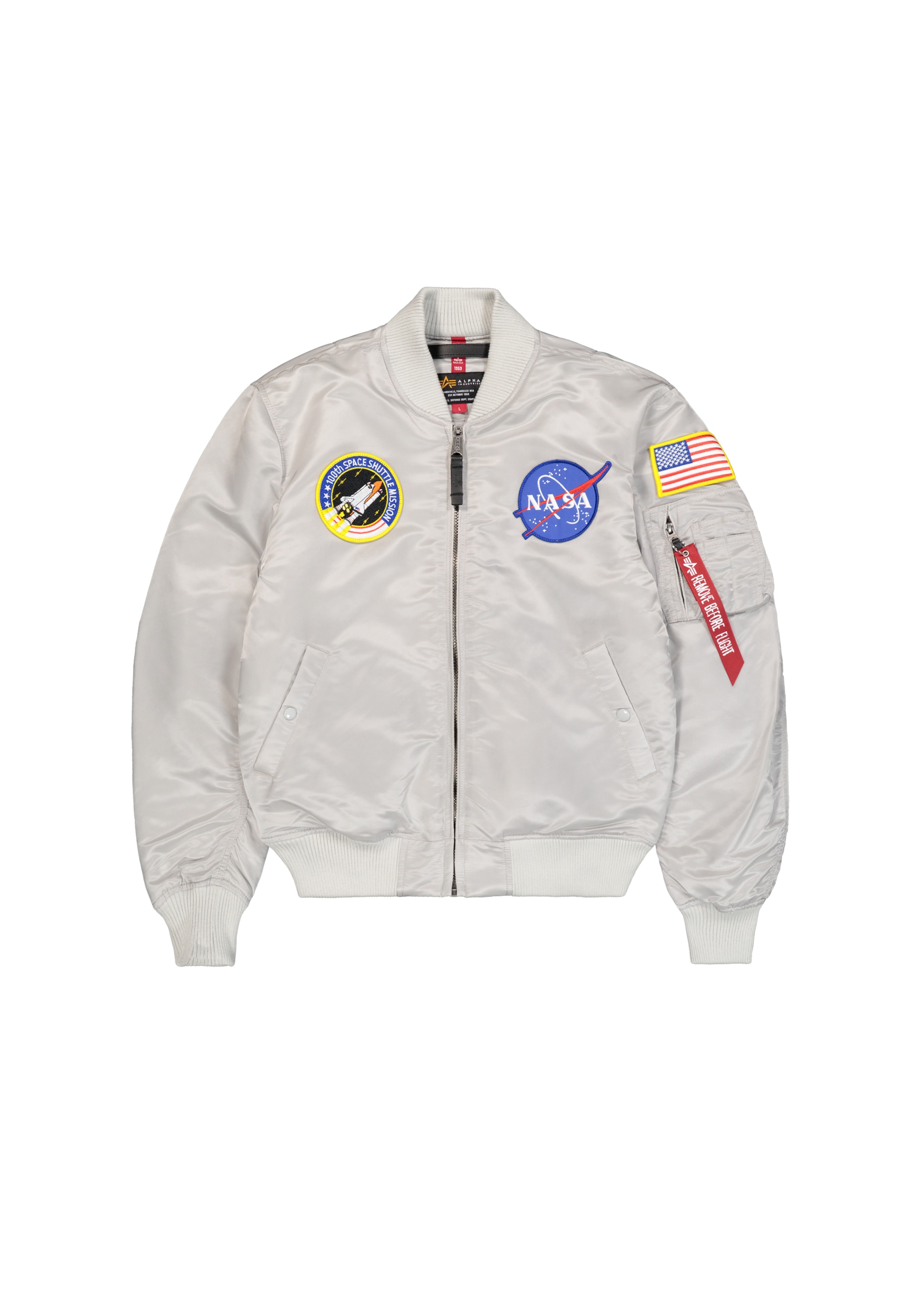 Bomberjacke ALPHA INDUSTRIES "MA-1 VF Vintage Fit NASA", Herren, Gr. L, grau (pastel grau), Obermaterial: 100% Nylon; Futter: 100% Nylon; Füllung: 100% Polyester, Jacken Bomberjacke