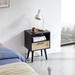 Black Rattan End Table Nightstand with Drawer and Open Storage Shelf, Modern Side Table with Solid Wood Legs for Bedroom