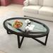 Glass Top Coffee Table Oval End Table with Solid Wood Base, Black