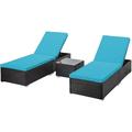 Anky Brown 3-Piece Wicker Outdoor Chaise Lounge Set with Blue Cushions End Table