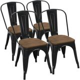 18 Inch Classic Iron Metal Dining Chair with Wood Top/Seat Indoor-Outdoor Use Chic Dining Bistro Cafe Side Barstool Bar Chair Coffee Chair Set of 4 Black