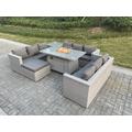 Fimous Light Grey U Shape Lounge Sofa Dining Set With Gas Heater Firepit Burner With Extra Side Coffee Tea Table Big Footstool