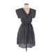 Monteau Casual Dress - Mini V-Neck Short sleeves: Black Stripes Dresses - Women's Size Medium