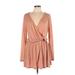 TOBI Casual Dress - Mini Plunge Long sleeves: Tan Print Dresses - Women's Size Large