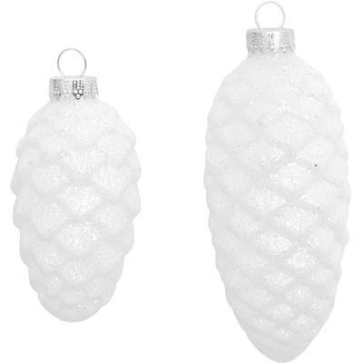 Christbaumschmuck KREBS GLAS LAUSCHA "Glas-Tannenzapfen, Weiß mit Glitter, 2x klein Ø 8 cm + 2x groß Ø 10 cm", weiß, Glas, Weihnachtsbaumschmuck, Weihnachtsdeko, Weihnachtsbaumkugel, Christbaumkugeln aus Glas Image
